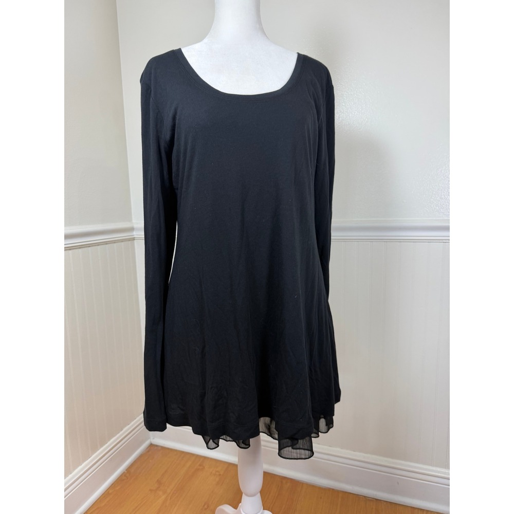Peruvian Connection Tunic Dress Women Large Black Pima Cotton Modal Sheer Trim